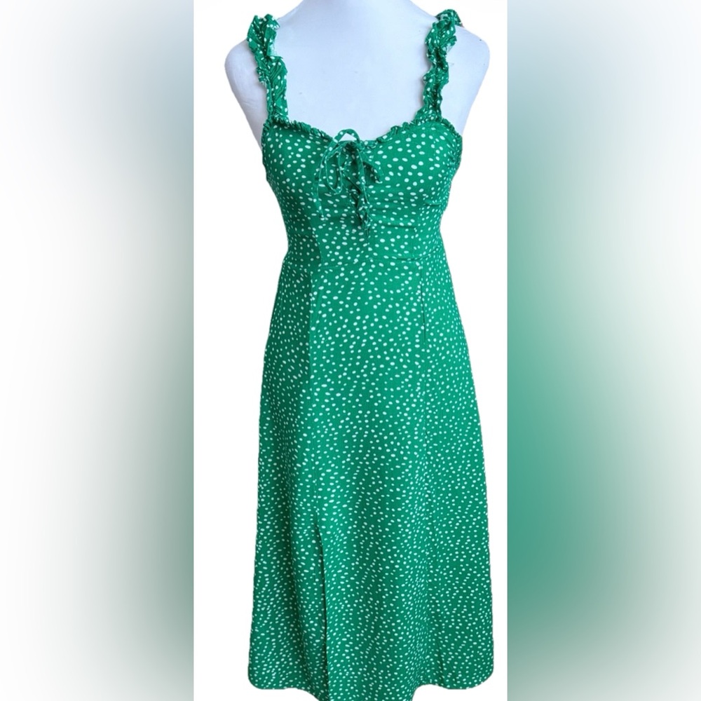JAPNA Green + White Polka Dot Rayon Summer Midi Length Sun Dress Size XS